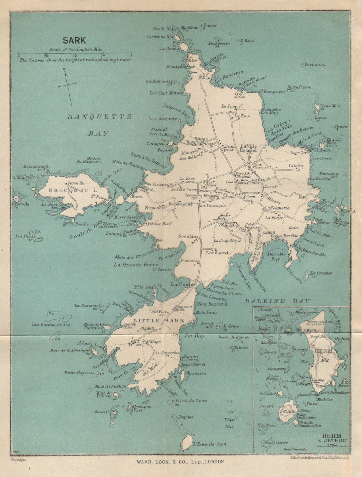 SARK vintage tourist map. Herm & Jethou. Channel Islands. WARD LOCK 1950
